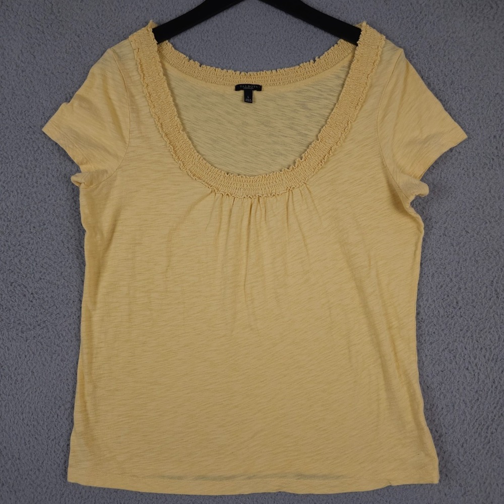 Talbots Shirt Womens Large Yellow Smocked Scoop Neck Cap Sleeve Slub‎ Top Tee